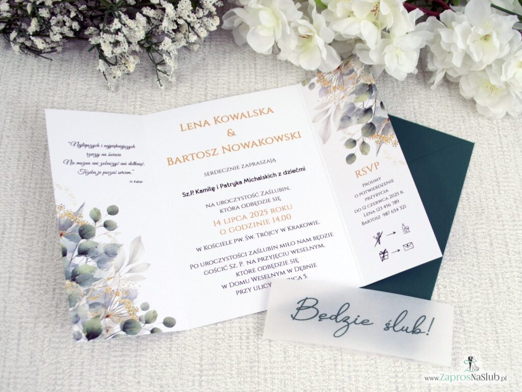 Zaproszenie ślubne folderowe z listkami i opaską z kalki ZAP-180-5