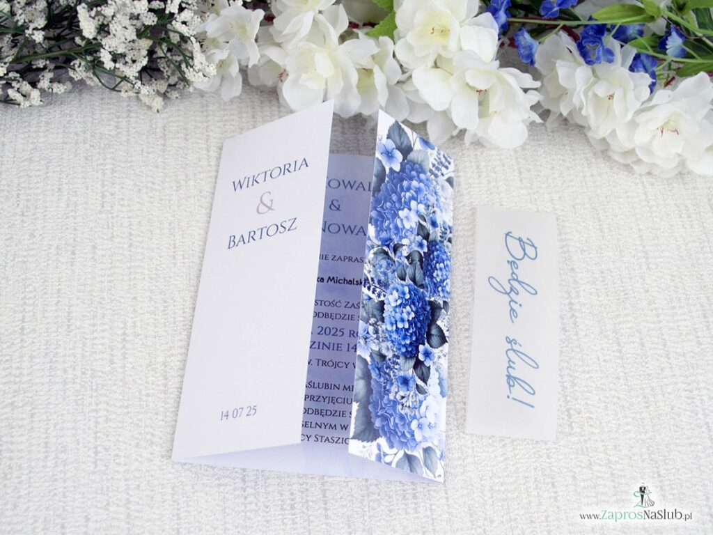 Zaproszenie ślubne folderowe z hortensją i opaską z kalki ZAP-41-75-2