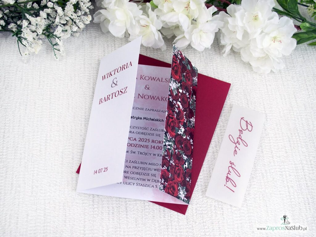 Zaproszenie ślubne folderowe z różami i opaską z kalki ZAP-41-09-3