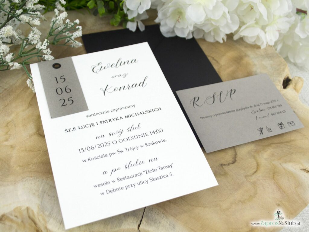 Zaproszenie ślubne nowoczesne z nitem i szarością ZAP-194