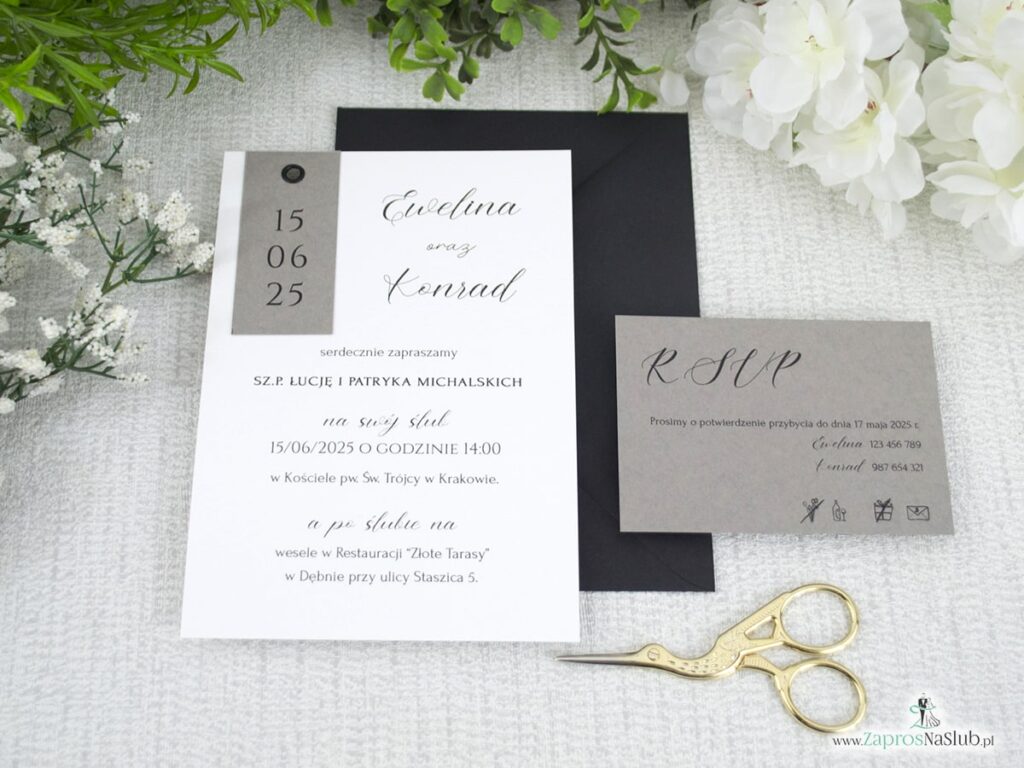 Zaproszenie ślubne nowoczesne z nitem i szarością ZAP-194