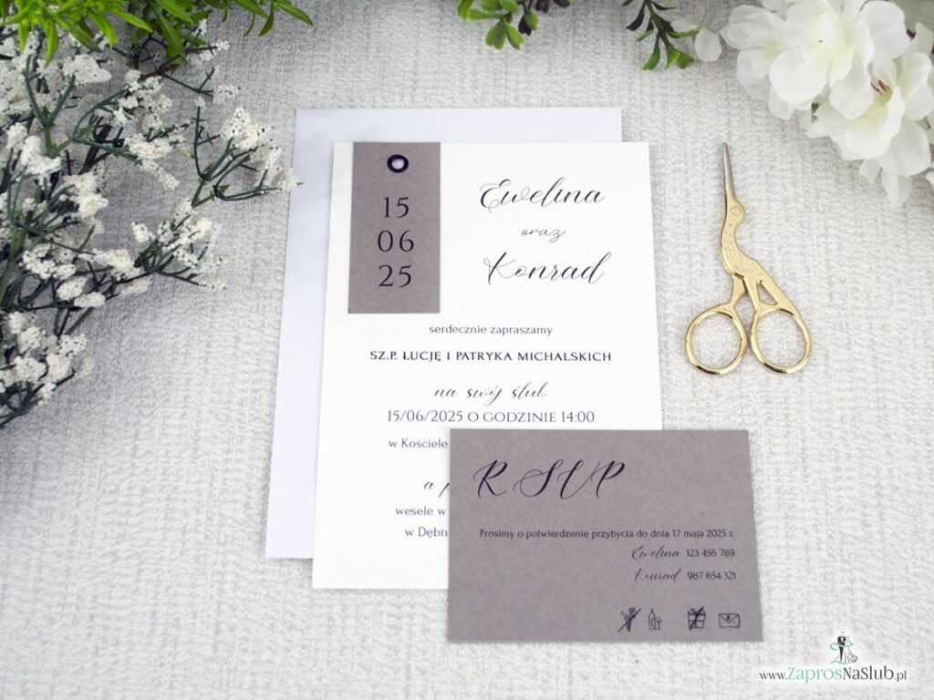 Zaproszenie ślubne nowoczesne z nitem i szarością ZAP-194