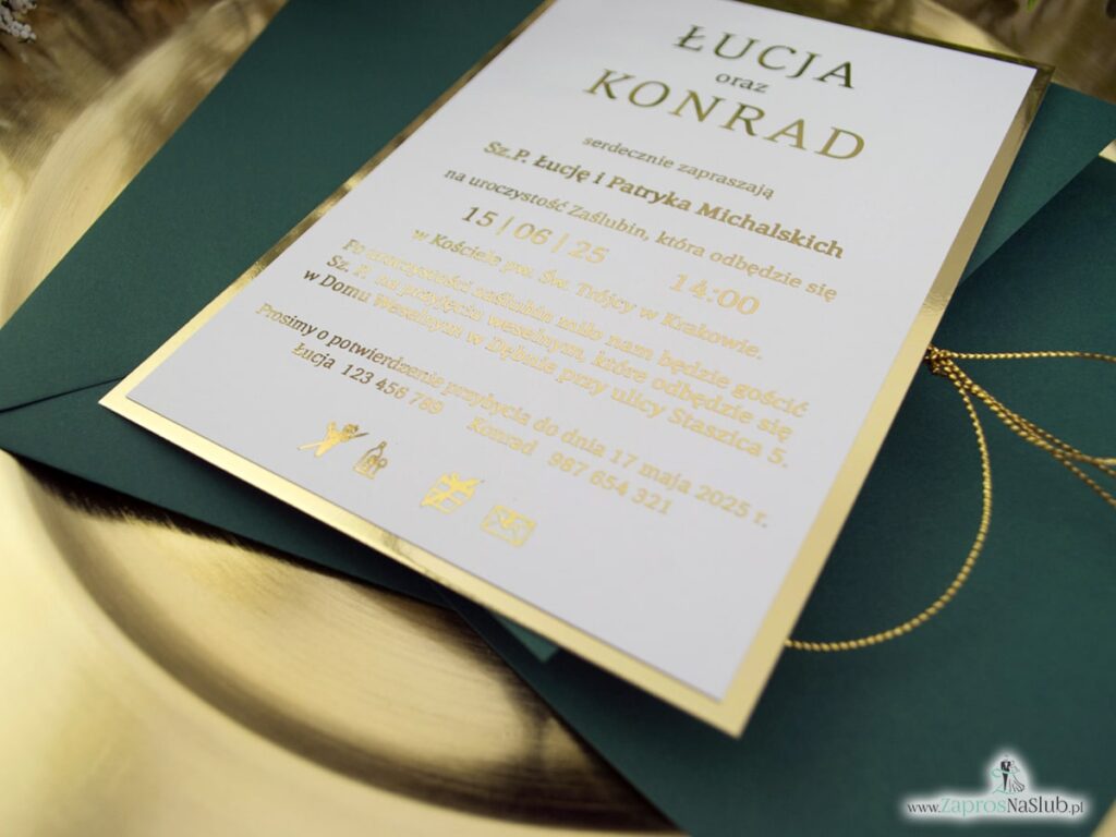 Zaproszenie ślubne zielone ze złotym wnętrzem ZAP-196-3
