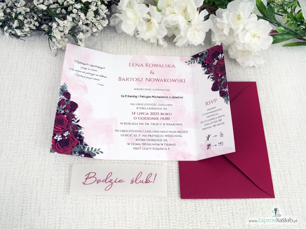 Zaproszenie ślubne folderowe z różami i opaską z kalki ZAP-41-09-3