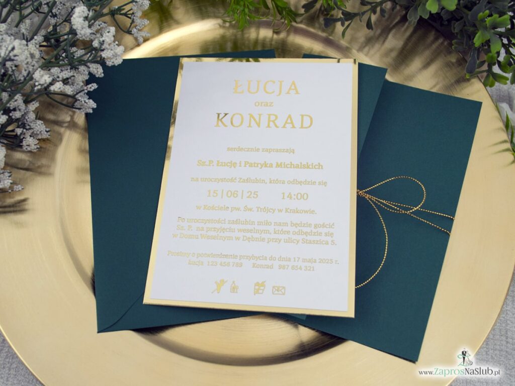 Zaproszenie ślubne zielone ze złotym wnętrzem ZAP-196-3