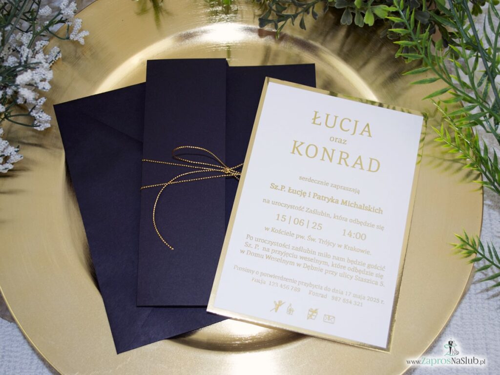 Zaproszenie ślubne czarne ze złotym wnętrzem ZAP-196-2