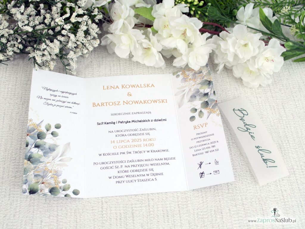 Zaproszenie ślubne folderowe z listkami i opaską z kalki ZAP-180-5