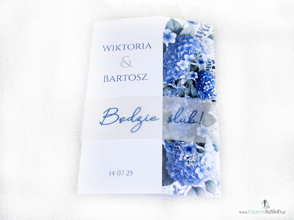 Zaproszenie ślubne folderowe z hortensją i opaską z kalki ZAP-41-75-2