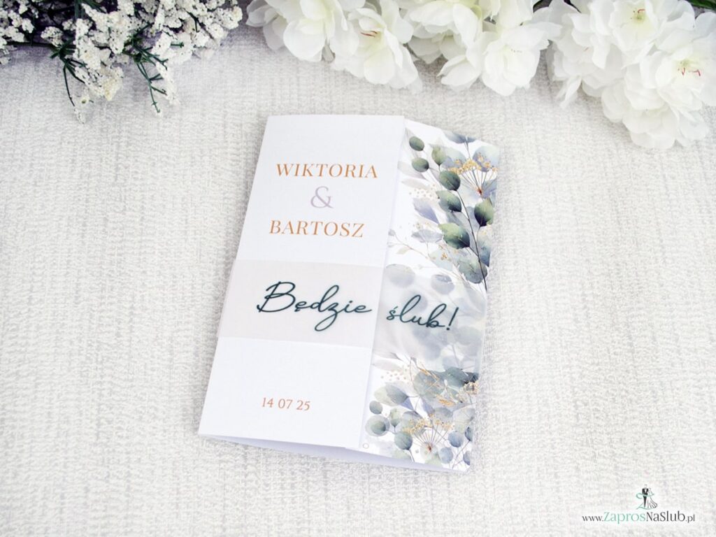 Zaproszenie ślubne folderowe z listkami i opaską z kalki ZAP-180-5
