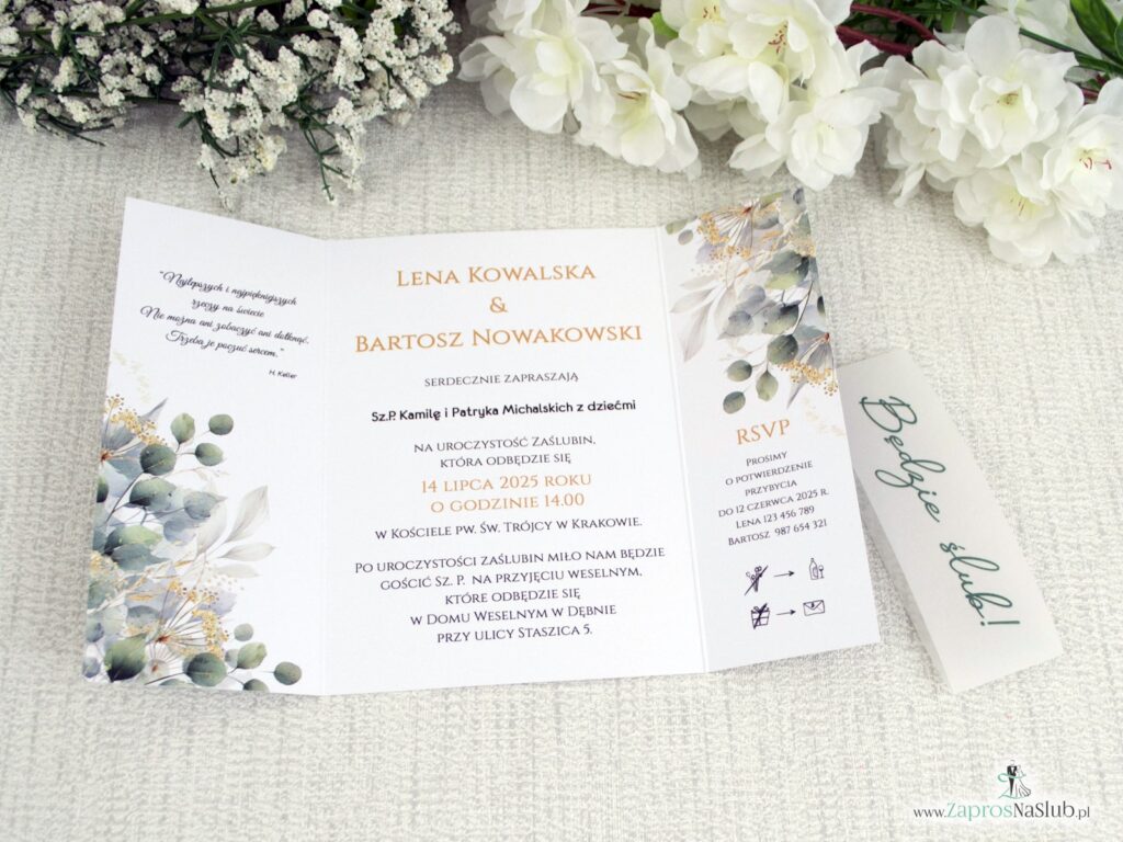 Zaproszenie ślubne folderowe z listkami i opaską z kalki ZAP-180-5