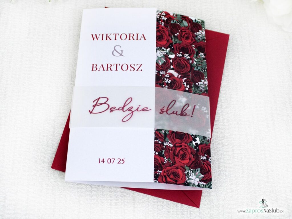 Zaproszenie ślubne folderowe z różami i opaską z kalki ZAP-41-09-3