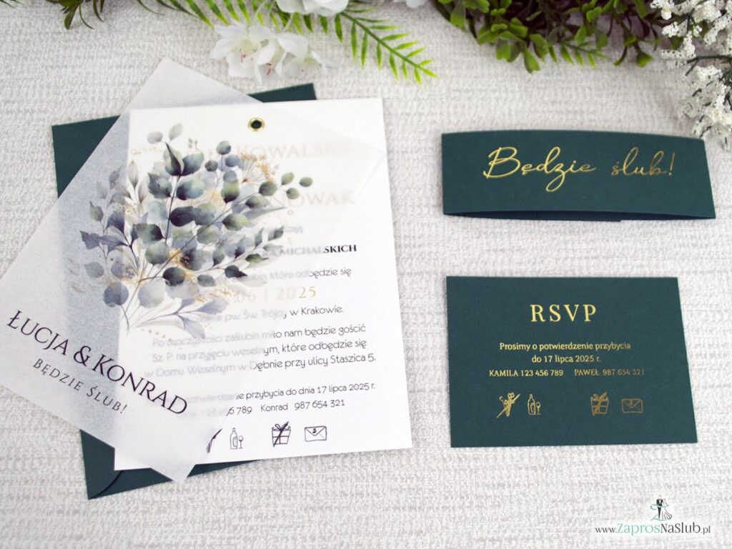 Zaproszenie ślubne na kalce spięte nitem, zielone listki ZAP-180-4