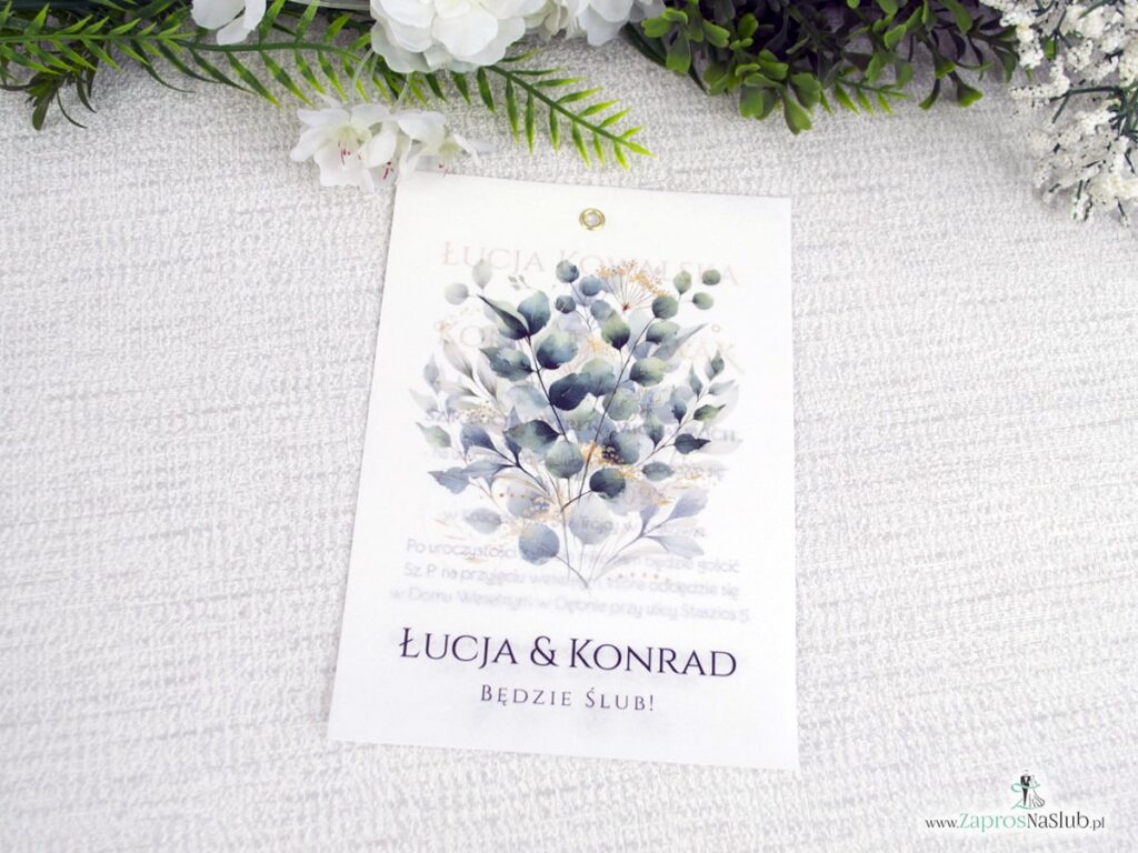 Zaproszenie ślubne na kalce spięte nitem, zielone listki ZAP-180-4