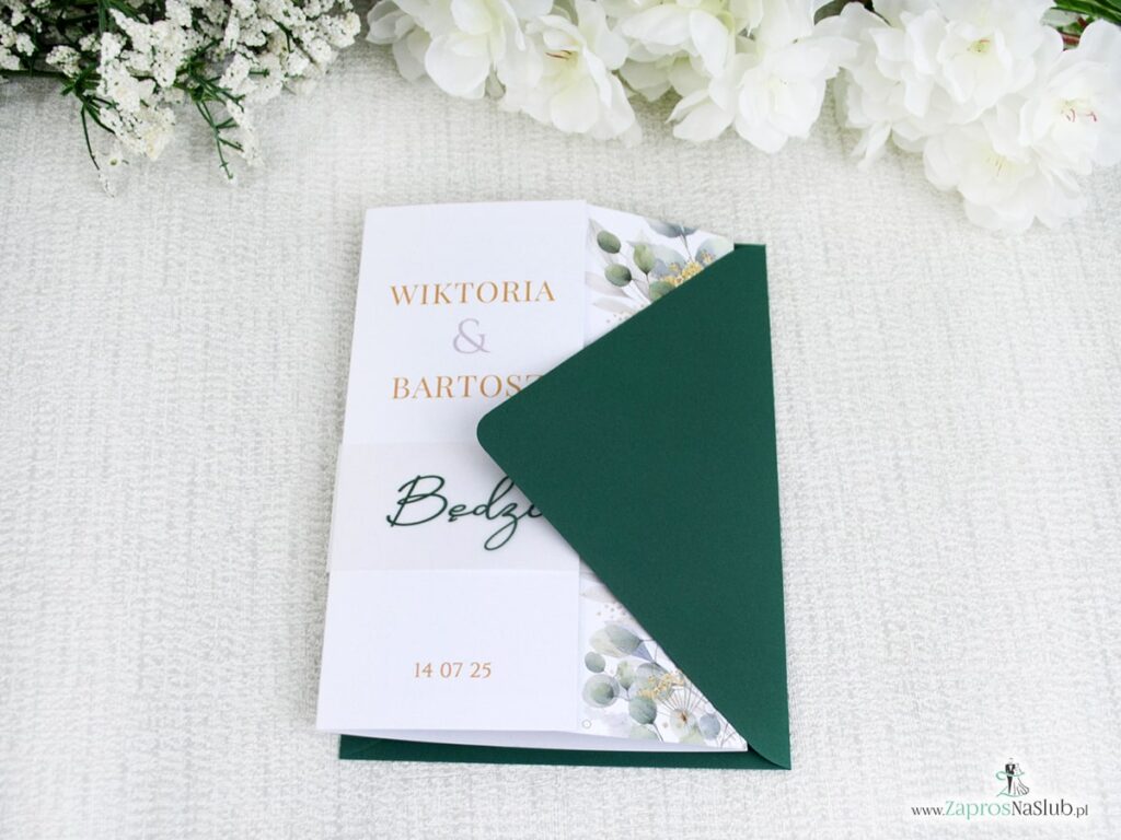 Zaproszenie ślubne folderowe z listkami i opaską z kalki ZAP-180-5