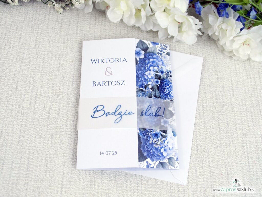 Zaproszenie ślubne folderowe z hortensją i opaską z kalki ZAP-41-75-2