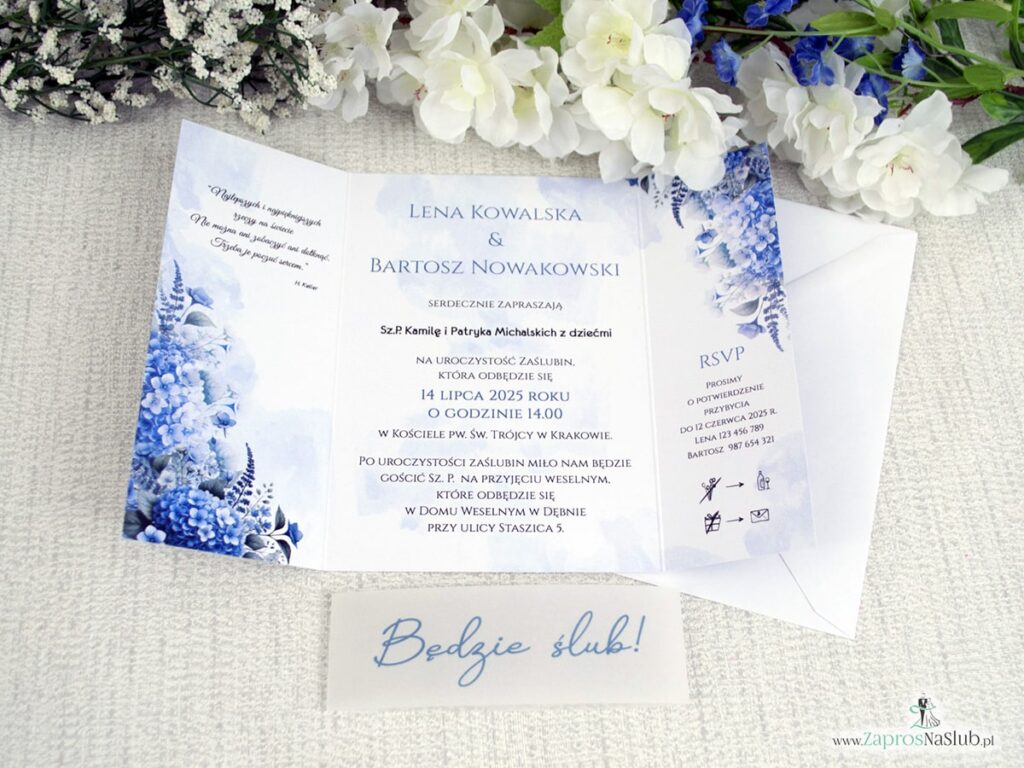 Zaproszenie ślubne folderowe z hortensją i opaską z kalki ZAP-41-75-2