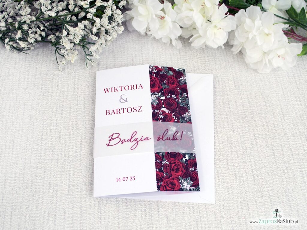 Zaproszenie ślubne folderowe z różami i opaską z kalki ZAP-41-09-3