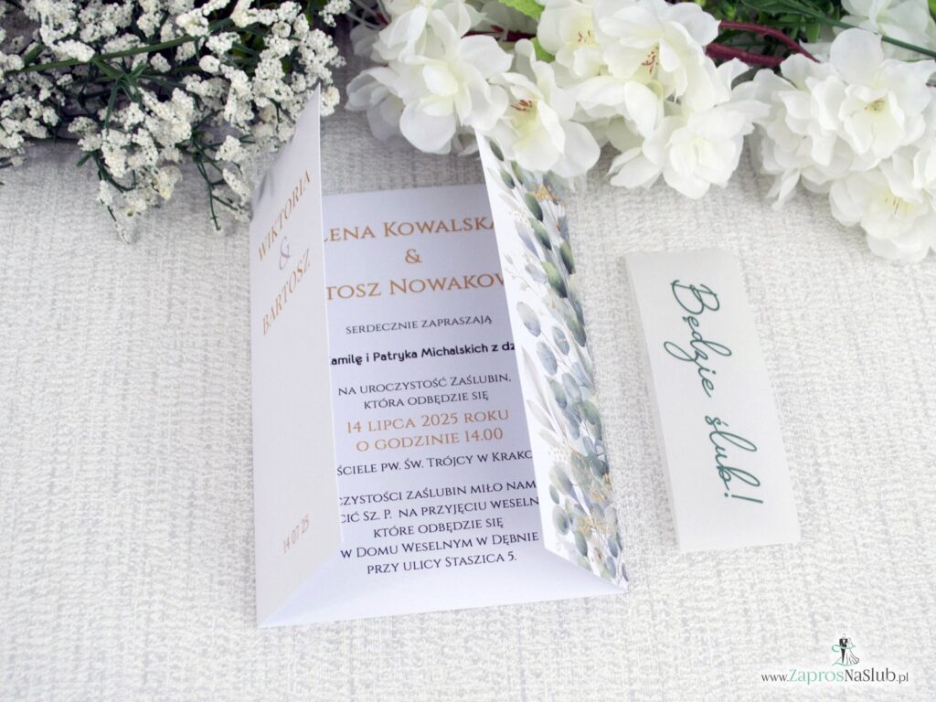 Zaproszenie ślubne folderowe z listkami i opaską z kalki ZAP-180-5