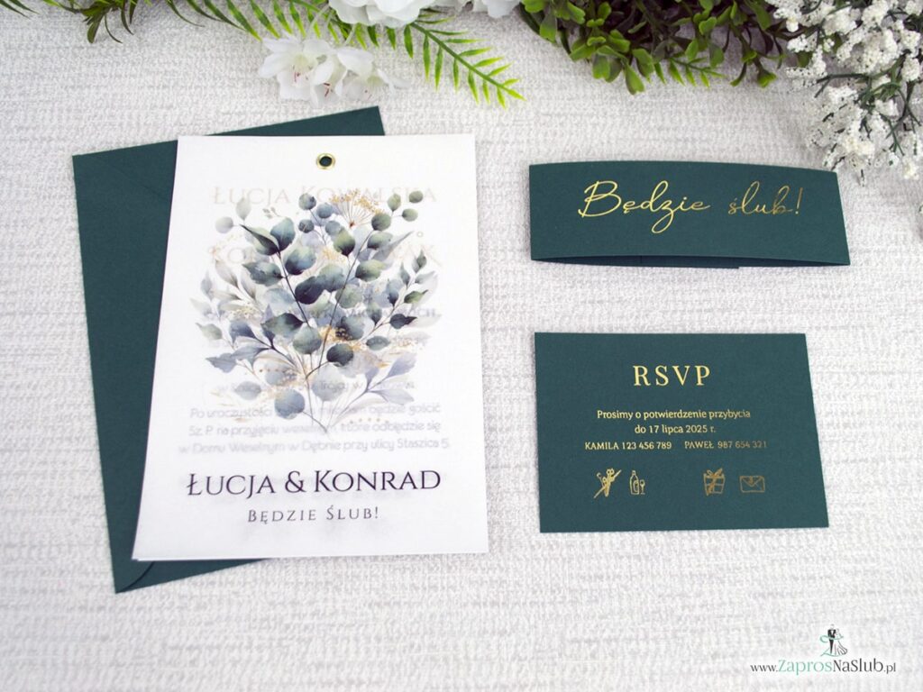 Zaproszenie ślubne na kalce spięte nitem, zielone listki ZAP-180-4
