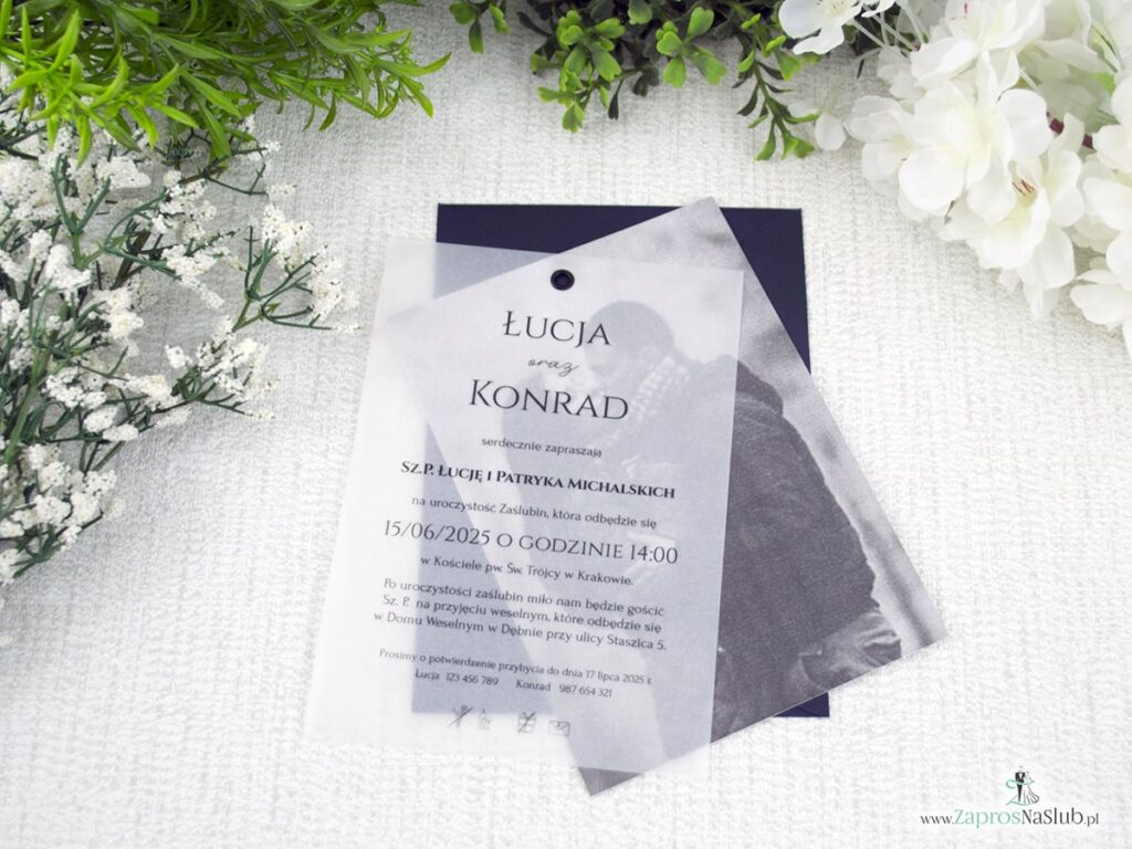 Zaproszenie ślubne ze zdjęciem i kalką spięte nitem ZAP-192