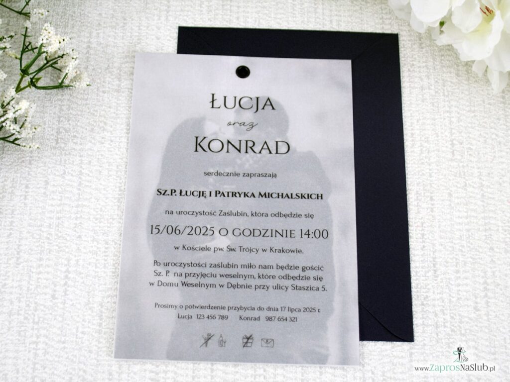 Zaproszenie ślubne ze zdjęciem i kalką spięte nitem ZAP-192