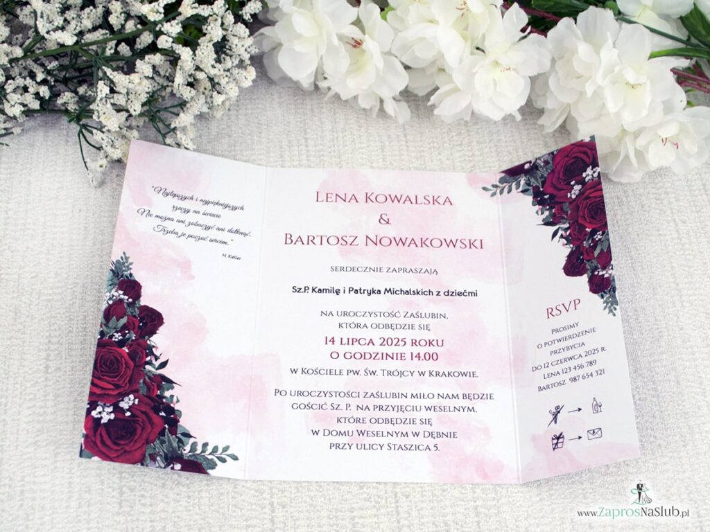 Zaproszenie ślubne folderowe z różami i opaską z kalki ZAP-41-09-3